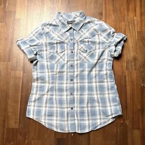 North River Outfitters Shirt Womens Large Blue Gray Plaid Western Embroidered
